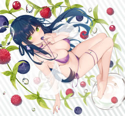 Rule 34 | 1girl, armpits, bare arms, bare legs, bare shoulders, barefoot, bekotarou, bikini, blurry, breasts, bubble, choker, cleavage, commentary request, criss-cross halter, earrings, floating hair, food, fruit, full body, grapes, green eyes, hair rings, halterneck, halterneck, highres, holding, jewelry, large breasts, long hair, looking at viewer, nail polish, navel, original, parted lips, plant, purple bikini, purple choker, raspberry, shawl, side-tie bikini bottom, sidelocks, skindentation, solo, stomach, string bikini, swimsuit, thigh strap, thighs, very long hair