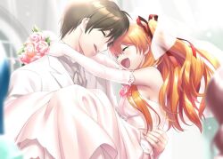 Rule 34 | 1boy, 2girls, :d, ^ ^, aizawa yuuichi, amano mishio, blurry, blush, bouquet, breasts, bridal gauntlets, bridal veil, brown hair, carrying, church, closed eyes, commission, couple, day, depth of field, dress, dress flower, eyelashes, fang, floating hair, flower, formal, from side, hair between eyes, hair ribbon, happy, hetero, holding, holding bouquet, hug, jewelry, kanon, long hair, medium breasts, multiple girls, open mouth, orange hair, outdoors, pink flower, pink rose, princess carry, profile, red flower, red ribbon, red rose, ribbon, ring, rose, sawatari makoto, short hair, sidelocks, skeb commission, smile, suit, tears, teeth, third eye, two side up, upper teeth only, veil, very long hair, wedding, wedding dress, wedding ring, white dress, white suit, zen (kamuro)