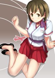 Rule 34 | 10s, 1girl, aircraft, airplane, alternate costume, arm support, bare legs, black footwear, blue kimono, blush, breasts, closed mouth, from above, green eyes, greyscale, hand up, hiryuu (kancolle), japanese clothes, kantai collection, kimono, looking at viewer, looking up, makio (makiomeigenbot), medium breasts, monochrome, name tag, no legwear, o-ring, red skirt, sash, shoes, short hair, short kimono, short sleeves, sitting, skirt, smile, solo, tareme, two-tone background, yokozuwari