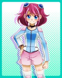 Rule 34 | 1girl, alternate costume, blue eyes, bracelet, breasts, collarbone, cosplay, hand on own hip, hiiragi yuzu, jewelry, looking at viewer, multicolored hair, pink hair, rin (yu-gi-oh!), rin (yu-gi-oh!) (cosplay), short hair, short twintails, smile, solo, twintails, two-tone hair, utage-kai, yu-gi-oh!, yu-gi-oh! arc-v