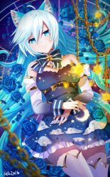 Rule 34 | 1girl, animal ears, bad id, bad pixiv id, blue eyes, blue flower, blue hair, boots, bow, bowtie, breasts, cat ears, chain, cleavage, detached sleeves, dress, eyebrows, felicia-val, flower, hair between eyes, hands on stomach, highres, long hair, looking at viewer, matching hair/eyes, medium breasts, original, smile, solo, star (symbol), striped, striped bow, thigh boots, thighhighs, white footwear