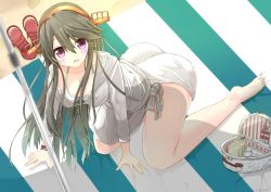 Rule 34 | 1girl, :d, alternate costume, ass, barefoot, beach, bikini, black hair, breasts, cleavage, food, full body, hair ornament, hairclip, haruna (kancolle), headgear, kantai collection, large breasts, long hair, looking at viewer, lunchbox, open mouth, purple eyes, red footwear, sandals, unworn sandals, sandwich, smile, solo, sweater, swimsuit, tetranono, white bikini, white sweater
