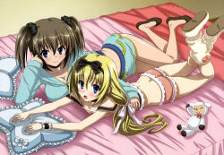 Rule 34 | 2girls, :o, absurdres, ass, bed, blonde hair, blue eyes, blush, boots, bow, breasts, brown hair, butt crack, casual, choker, cleavage, frilled pillow, frills, hair bow, highres, hood, hoodie, large breasts, legs, long hair, looking at viewer, lying, multiple girls, no socks, non-web source, nyantype, official art, on side, on stomach, open mouth, pillow, ponytail, scan, scrunchie, seitokai no ichizon, shiina mafuyu, shiina minatsu, short hair, short twintails, shorts, siblings, sisters, small breasts, smile, strap slip, stuffed animal, stuffed toy, twintails, umetsu yukinori, wrist cuffs
