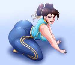 Rule 34 | 1girl, absurdres, all fours, alternate costume, ass, bare shoulders, breasts, brown eyes, brown hair, capcom, chun-li, curvy, full body, highres, huge ass, large breasts, looking at viewer, okioppai, sideboob, smile, solo, street fighter, thick thighs, thighs, wide hips