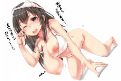 Rule 34 | 10s, 1girl, akagi (kancolle), all fours, arched back, bare shoulders, barefoot, bra, breasts, brown eyes, brown hair, drooling, full body, hanging breasts, kantai collection, kentarosu7, kntrs (knyrs), large areolae, large breasts, lips, long hair, looking at viewer, navel, nipples, object on head, one breast out, one eye closed, open mouth, panties, panties on head, unworn panties, saliva, shiny skin, simple background, solo, translation request, underwear, underwear only, white background