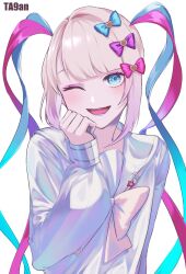 Rule 34 | 1girl, ;d, blonde hair, blue bow, blue eyes, blue hair, blue shirt, bow, chouzetsusaikawa tenshi-chan, commentary request, hair bow, hair ornament, hand up, heart, heart hair ornament, highres, holographic clothing, long hair, long sleeves, looking at viewer, multicolored hair, needy girl overdose, one eye closed, open mouth, pink bow, pink hair, purple bow, quad tails, sailor collar, shirt, simple background, smile, solo, takuan (ta9an), twintails, upper body, very long hair, white background, yellow bow
