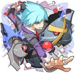 Rule 34 | 10s, 1boy, alternate color, bad id, bad pixiv id, beldum, blue eyes, blue hair, creatures (company), game freak, gen 3 pokemon, jewelry, male focus, matching hair/eyes, metagross, nintendo, one-eyed, open mouth, outstretched arm, outstretched hand, poke ball, poke ball (basic), pokemon, pokemon (creature), pokemon oras, red eyes, ring, saitou naoki, shiny pokemon, steven stone
