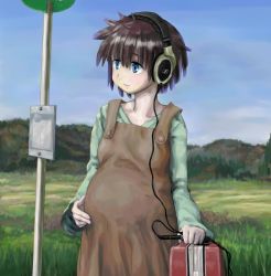 Rule 34 | 1girl, arikui, bad id, bad pixiv id, blue eyes, brown hair, bus stop, day, flat chest, headphones, mountain, pregnant, short hair, sky, solo, suitcase