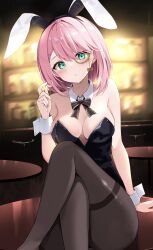 Rule 34 | 1girl, animal ears, bare arms, bare shoulders, black bow, black bowtie, black leotard, black pantyhose, blush, bow, bowtie, breasts, charlotte (genshin impact), cleavage, commentary request, crossed legs, detached collar, fake animal ears, feet out of frame, genshin impact, green eyes, highres, hyurasan, knee up, leotard, looking at viewer, medium breasts, medium hair, pantyhose, pink hair, playboy bunny, rabbit ears, sitting, solo, strapless, strapless leotard, thighband pantyhose, wrist cuffs