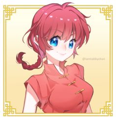Rule 34 | 1girl, blue eyes, braid, braided ponytail, breasts, china dress, chinese clothes, closed mouth, dress, floating hair, framed, genderswap, genderswap (mtf), hair between eyes, long hair, looking at viewer, low ponytail, medium breasts, ponytail, ranma-chan, ranma 1/2, red dress, red hair, saotome ranma, smile, solo, tabby chan, twitter username, upper body