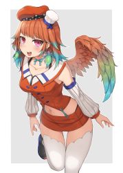 Rule 34 | 1girl, bow, bow choker, chef hat, choker, collarbone, detached sleeves, gradient hair, gradient wings, green bow, green choker, green hair, green wings, hat, highres, hololive, hololive english, leg up, looking at viewer, multicolored hair, multicolored wings, navel, nukoz, open hands, open mouth, orange hair, orange skirt, orange wings, phoenix wings, skirt, solo, takanashi kiara, takanashi kiara (1st costume), thighhighs, virtual youtuber, wings