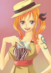Rule 34 | 1girl, hat, highres, himerinco, money, nail polish, nami (one piece), one piece, orange hair, pink nails, solo, tattoo