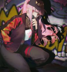 Rule 34 | 1girl, absurdres, baseball cap, covered mouth, covering own mouth, covering privates, crop top, earrings, graffiti, hat, highres, holding, holding microphone, hololive, hololive english, ilion, jacket, jewelry, kneeling, looking at viewer, microphone, mori calliope, mori calliope (streetwear), multicolored clothes, multicolored jacket, necklace, pants, pink eyes, pink hair, ponytail, see-through, shadow, skull print, solo, sweatpants, virtual youtuber
