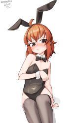 Rule 34 | 1girl, absurdres, ahoge, alternate costume, animal ears, arashi (kancolle), black bow, black bowtie, black leotard, black thighhighs, bow, bowtie, breasts, brown eyes, cowboy shot, detached collar, feet out of frame, highres, kantai collection, leotard, maru (marg0613), medium breasts, one-hour drawing challenge, playboy bunny, rabbit ears, red hair, simple background, sitting, small breasts, solo, strapless, strapless leotard, thighhighs, white background