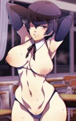 Rule 34 | 1girl, armpits, arms up, bikini, black hair, blue eyes, blue hair, blurry, blurry background, blush, breasts, breasts apart, breasts out, cabbie hat, cameltoe, classroom, cleft of venus, collar, collarbone, curvy, detached collar, earrings, elbow gloves, em (totsuzen no hakike), erect clitoris, female pubic hair, gloves, happy, hat, jewelry, large breasts, looking at viewer, micro bikini, navel, navel piercing, night, nipple piercing, nipples, pale skin, persona, persona 4, piercing, presenting, pubic hair, pubic hair peek, puffy nipples, pussy, pussy peek, school, shirogane naoto, short hair, skindentation, smile, solo, solo focus, standing, stomach, stud earrings, sweat, sweatdrop, swimsuit, thick thighs, thighs, tomboy, wide hips, window, wing collar