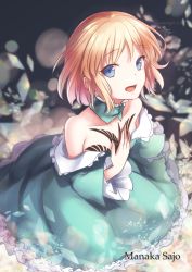 Rule 34 | 1girl, aqua choker, aqua dress, bare shoulders, blonde hair, blue eyes, breast tattoo, character name, chest tattoo, command spell, dress, fate/prototype, fate (series), flat chest, hand on own chest, iwanaga tm, long sleeves, looking at viewer, off-shoulder dress, off shoulder, open mouth, sajou manaka, short hair, sitting, solo, tattoo, wide sleeves