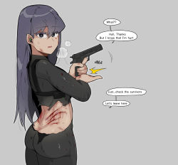 Rule 34 | 1girl, black eyes, blood, blood on back, blood on clothes, blood on face, bodysuit, butt crack, claw mark, commentary, earpiece, english commentary, english text, from behind, grey background, gun, highres, holding, holding gun, holding weapon, long hair, looking at viewer, looking back, oddsnail, open mouth, original, purple hair, scratched, simple background, solo, speech bubble, torn clothes, weapon