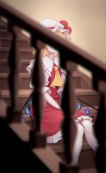 Rule 34 | 1girl, ascot, blonde hair, blurry, chromatic aberration, covered face, crying, crystal, depth of field, dress, feet out of frame, flandre scarlet, hat, highres, knees together feet apart, mob cap, red dress, short hair, sitting, solo, stairs, streaming tears, tears, torinari (dtvisu), touhou, white hat, wings, yellow ascot