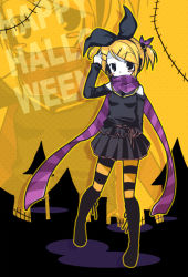 Rule 34 | 1girl, halloween, happy halloween, kagamine rin, pantyhose, scarf, solo, striped clothes, striped pantyhose, striped scarf, tamura hiro, thighhighs, vocaloid