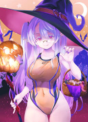 Rule 34 | 1girl, adjusting clothes, adjusting swimsuit, basket, bat (animal), candy, carrying, claw pose, closed mouth, commentary request, covered navel, cowboy shot, crescent moon, fang, food, glasses, graveyard, halloween, hat, highres, holding, holding staff, jack-o&#039;-lantern, kiryuu takahisa, long hair, looking at viewer, moon, one-piece swimsuit, orange one-piece swimsuit, original, pale skin, partial commentary, pink eyes, pointy ears, purple hair, purple nails, rimless eyewear, sky, smile, solo, staff, standing, star (sky), starry sky, swimsuit, thigh gap, two side up, very long hair, witch hat