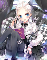 Rule 34 | 1girl, bad id, bad pixiv id, black pantyhose, blue eyes, book, bow, bridal garter, cross-laced footwear, curtains, earrings, fang, forehead, hair bow, jewelry, leg ribbon, long sleeves, looking at viewer, open mouth, original, pantyhose, pillow, ribbon, shirt, silver hair, skirt, solo, staff, suspenders, suspenders pull, thighband pantyhose, tukino (panna), window
