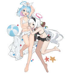 Rule 34 | 2girls, absurdres, alternate costume, arm up, armpits, arona (blue archive), ball, bare shoulders, barefoot, beachball, bikini, bikini skirt, black bikini, black choker, black hairband, blue archive, blue eyes, blue hair, blue halo, bow, bow hairband, braid, braided sidelock, breasts, choker, closed mouth, collarbone, colored inner hair, commentary, eyelashes, feet, flat chest, frilled bikini, frills, full body, grey eyes, grey hair, hair over one eye, hair ribbon, hairband, halo, hand on another&#039;s hip, hands up, highres, holding cloth, holding hands, interlocked fingers, legs, long hair, looking at viewer, midriff, multicolored hair, multiple girls, navel, parted bangs, pink hair, pink halo, plana (blue archive), ribbon, shadow, short hair, sidelocks, simple background, single braid, small breasts, solo, starfish, stomach, swimsuit, toenails, toes, two-tone hair, very long hair, white background, white bikini, white bow, white choker, white hairband, white ribbon, yakihoko