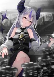 Rule 34 | 1girl, ascot, asymmetrical hair, black dress, blurry, blurry foreground, braid, breasts, closed mouth, commentary, corrupted twitter file, crossed legs, demon horns, detached sleeves, dress, feet out of frame, french braid, grey hair, hair between eyes, head tilt, highres, hololive, horns, la+ darknesss, long hair, looking at viewer, motoi (croa76), multicolored hair, o-ring, poker chip, purple hair, single braid, sitting, sleeveless, sleeveless dress, slot machine, small breasts, smile, smirk, solo, strap, streaked hair, striped horns, two-tone hair, virtual youtuber, yellow ascot, yellow eyes