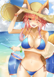 Rule 34 | 1girl, animal ear fluff, animal ears, bad id, bad pixiv id, bangle, beach, bikini, blue bikini, blue sky, bracelet, breast lift, breasts, cleavage, cloud, collarbone, covered erect nipples, day, ears through headwear, fang, fate/grand order, fate (series), food, fox ears, fox tail, hand up, hat, highres, innertube, jewelry, large breasts, long hair, looking at viewer, navel, one eye closed, open mouth, pink hair, popsicle, shadow, side-tie bikini bottom, sky, smile, solo, standing, sun hat, swim ring, swimsuit, tail, tamamo (fate), tamamo no mae (fate/extra), tamamo no mae (swimsuit lancer) (fate), tsukise miwa