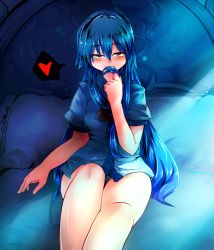 Rule 34 | 1girl, bed, blue hair, blush, condom, female focus, heart, hinanawi tenshi, light particles, long hair, looking at viewer, mizuga, moonlight, naughty face, no headwear, no headwear, pillow, red eyes, sitting, smile, solo, spoken heart, touhou