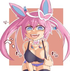 Rule 34 | 1girl, akatosh el shota furro, animal ears, bare shoulders, black thighhighs, blue eyes, blue shorts, bow, bowtie, breasts, cleavage, clothes pull, collarbone, covered erect nipples, cowboy shot, creatures (company), cropped shirt, excited, eyebrows, female focus, game freak, gen 6 pokemon, hand on own thigh, heart, heart-shaped pupils, highres, humanization, kemonomimi mode, large breasts, leaning forward, looking at viewer, nintendo, nipple slip, nipples, open mouth, orange background, pink bow, pink bowtie, pink hair, pokemon, pov, pulling own clothes, shirt pull, shorts, solo, standing, sylveon, symbol-shaped pupils, tank top, teeth, thick eyebrows, thighhighs, tongue, twintails, two-tone background, upper teeth only, white background, yandere