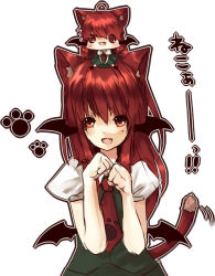 Rule 34 | 1girl, ahoge, animal ears, bad id, bad pixiv id, bat wings, cat ears, cat girl, cat tail, chibi, clone, embodiment of scarlet devil, fang, female focus, head wings, koakuma, low wings, mini person, minigirl, multiple views, neota, paw pose, red eyes, red hair, sitting, standing, tail, touhou, white background, wings