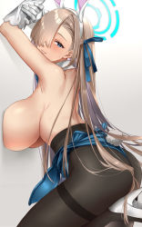 Rule 34 | 1girl, animal ears, armpits, ass, asuna (blue archive), asuna (bunny) (blue archive), between buttocks, blue archive, blue eyes, blue leotard, bow, bowtie, breast press, breasts, detached collar, fake animal ears, gloves, hair over one eye, halo, highres, large breasts, leotard, long hair, looking at viewer, official alternate costume, pantyhose, playboy bunny, rabbit ears, rapapa, smile, solo, traditional bowtie, white gloves