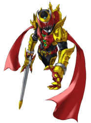 Rule 34 | 1boy, armor, cape, full body, gauntlets, gold armor, kamen rider, kamen rider kiva, kamen rider kiva (series), looking at viewer, male focus, simple background, solo, spoiled kandume, standing, sword, weapon, white background