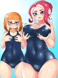 Rule 34 | :t, agent 8 (splatoon), aqua background, blue eyes, blue one-piece swimsuit, blunt bangs, blush, breast envy, breasts, closed mouth, commentary, covered navel, cowboy shot, fang, frown, grabbing own breast, highres, inkling, inkling girl, inkling player character, large breasts, looking at another, medium hair, motion lines, nintendo, octoling, octoling girl, octoling player character, one-piece swimsuit, open mouth, orange hair, penguin maru (penginmaru), pointy ears, red hair, school swimsuit, short hair, skin fang, small breasts, splatoon (series), standing, suction cups, sweat, sweatdrop, swimsuit, tentacle hair