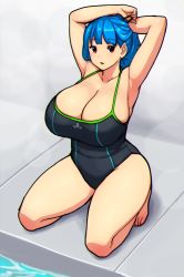 Rule 34 | 1girl, armpits, bare shoulders, blue hair, breasts, cleavage, collarbone, erkaz, high ponytail, highres, huge breasts, medium hair, one-piece swimsuit, open mouth, original, pool, red eyes, rina atherina, sitting, swimsuit, thighs, tying hair, water