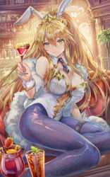 Rule 34 | 1girl, ahoge, animal ears, artoria pendragon (all), artoria pendragon (fate), artoria pendragon (swimsuit ruler) (fate), bar (place), bare shoulders, blonde hair, blue necktie, blue pantyhose, blush, braid, breasts, cherry, cleavage, clothing cutout, cocktail glass, cocktail shaker, couch, cup, detached collar, drinking glass, fake animal ears, fate/grand order, fate (series), feather boa, fishnet pantyhose, fishnets, food, french braid, fruit, green eyes, hair between eyes, highleg, highleg leotard, highres, large breasts, lemon, lemon slice, leotard, long hair, looking at viewer, mint, navel, navel cutout, necktie, pantyhose, playboy bunny, ponytail, rabbit ears, sidelocks, sitting, solo, strawberry, thigh strap, thighs, tiara, torino aqua, white leotard, wrist cuffs