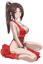 Rule 34 | 1girl, artist request, barefoot, blush, breasts, brown eyes, brown hair, china dress, chinese clothes, curvy, dress, fatal fury, large breasts, long hair, lowres, no bra, no panties, pelvic curtain, ponytail, red dress, revealing clothes, shiranui mai, side slit, sideboob, simple background, sitting, snk, solo, the king of fighters, toeless legwear, two side up, wariza