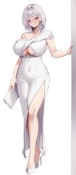 Rule 34 | 1girl, absurdres, breasts, cleavage, closed mouth, commentary, commission, dress, english commentary, full body, high heels, highres, large breasts, looking at viewer, masaki nanaya, mixed-language commentary, original, short hair, simple background, single bare shoulder, skeb commission, smile, solo, standing, white background, white dress, white footwear, white hair
