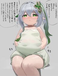 Rule 34 | ..., 1girl, belly grab, blush, breasts, closed mouth, commentary request, covered navel, cross-shaped pupils, feet out of frame, genshin impact, green eyes, green hair, grey background, grey hair, hair between eyes, hair intakes, hands on own stomach, highres, long hair, looking at viewer, nahida (genshin impact), no nose, oruka (kamituki0827), plump, pointy ears, revision, simple background, sitting, small breasts, solo, sweat, symbol-shaped pupils, tareme, thick thighs, thighs, thought bubble, translation request