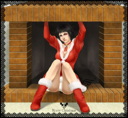 Rule 34 | 00s, 1girl, arms up, bare legs, black hair, boots, brick, capcom, christmas, devil may cry, devil may cry (series), devil may cry 3, fireplace, fur trim, head tilt, knee boots, knees together feet apart, lady (devil may cry), long sleeves, looking at viewer, panties, santa costume, short hair, solo, underwear, v-neck, white panties