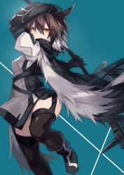Rule 34 | 1girl, ahoge, aqua background, arknights, beret, black gloves, black hat, black thighhighs, brown hair, cloak, commentary request, elbow gloves, feather hair, full body, garter straps, gloves, hair between eyes, halberd, hat, holding, holding weapon, infection monitor (arknights), looking at viewer, multicolored hair, orange eyes, plume (arknights), polearm, sasa onigiri, short hair, solo, standing, teal background, thighhighs, two-tone hair, weapon, white hair