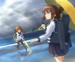 Rule 34 | 10s, 2girls, brown hair, cannon, cloud, day, closed eyes, fang, folded ponytail, ikazuchi (kancolle), inazuma (kancolle), kantai collection, kuro oolong, long sleeves, multiple girls, ocean, open mouth, pantyhose, rainbow, school uniform, short hair, skirt, sky, sleeves rolled up, turret, umbrella, weapon, yellow eyes