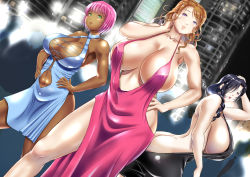 Rule 34 | 3girls, armpits, ass, ass cutout, bare shoulders, black dress, blue dress, blue hair, blush, breasts, brown hair, butt crack, cleavage, clothing cutout, dark-skinned female, dark skin, dress, exhibitionism, green eyes, groin, hands on own hips, highres, huge breasts, large breasts, legs, long hair, looking at viewer, multiple girls, navel, navel cutout, night, ochiyo-san, original, outdoors, parted lips, pink hair, public indecency, purple eyes, red dress, red eyes, revealing clothes, short hair, sideboob, standing, thighs