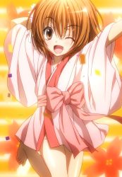 Rule 34 | 1girl, ;d, arm behind head, arms up, barefoot, brown eyes, brown hair, flower, hair ornament, highres, japanese clothes, kimono, nene (oda nobuna no yabou), oda nobuna no yabou, one eye closed, open mouth, screencap, short hair, smile, solo, stitched, third-party edit, wink, yukata