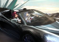 Rule 34 | 2girls, :d, absurdres, arknights, black capelet, black hair, brown eyes, capelet, car, cigarette, commentary request, driving, exusiai (arknights), female focus, hair between eyes, halo, hand up, highres, holding, holding cigarette, jacket, long hair, long sleeves, motor vehicle, multiple girls, open mouth, raglan sleeves, red eyes, red hair, short hair, short sleeves, smile, texas (arknights), vehicle focus, white jacket, you&#039;a