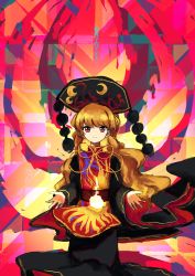 Rule 34 | 1girl, absurdres, beads, black dress, blonde hair, chinese clothes, crescent, dress, energy, hat, highres, junko (touhou), legacy of lunatic kingdom, long hair, long sleeves, looking at viewer, multicolored background, neruzou, open hand, orange hair, red eyes, ribbon, smile, solo, tabard, touhou, wavy hair, wide sleeves, yellow ribbon