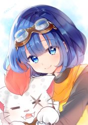 Rule 34 | 1girl, animal, animal hug, black shirt, blue eyes, blue hair, closed eyes, closed mouth, commentary request, dragon quest, dragon quest x, fangs, fukunoki tokuwa, goggles, goggles on head, hair between eyes, highres, long sleeves, looking at viewer, scar, scar across eye, scar on face, seraphy (dq10), shirt, smile, solo, square enix, translation request, upper body