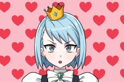 Rule 34 | 1girl, ace attorney, black vest, blue hair, crown, dangle earrings, earrings, eyelashes, franziska von karma, gwiga0, heart, heart background, jewelry, looking at viewer, mini crown, mole, mole under eye, open mouth, pink background, shirt, short hair, solo, teeth, upper body, upper teeth only, vest, white shirt, world is mine (vocaloid)