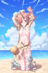 Rule 34 | 1girl, absurdres, arms up, beach, blue eyes, blue sky, blush, breasts, censored, cloud, day, fate/grand order, fate (series), frankenstein&#039;s monster (fate), frankenstein&#039;s monster (swimsuit saber) (fate), frankenstein&#039;s monster (swimsuit saber) (first ascension) (fate), gluteal fold, groin, hair over one eye, highres, horns, kneeling, medium breasts, mosaic censoring, navel, nipples, ocean, outdoors, pink hair, pussy, sarong, shore, single horn, sky, smile, solo, ten no hoshi