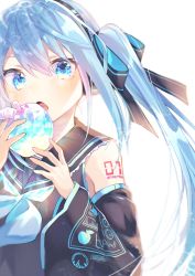 Rule 34 | 1girl, adapted costume, apple print, aqua eyes, aqua hair, aqua neckerchief, bare shoulders, black ribbon, black sleeves, collar, collared shirt, commentary, crystal apple, detached sleeves, eating, food, frilled collar, frills, fruit, grey shirt, hair ribbon, hatsune miku, headphones, highres, holding, holding food, holding fruit, kurobikari, long hair, looking at viewer, neckerchief, open mouth, refraction, ribbon, sailor collar, shirt, shoulder tattoo, sleeveless, sleeveless shirt, solo, sparkling eyes, tattoo, twintails, upper body, very long hair, vocaloid, white background